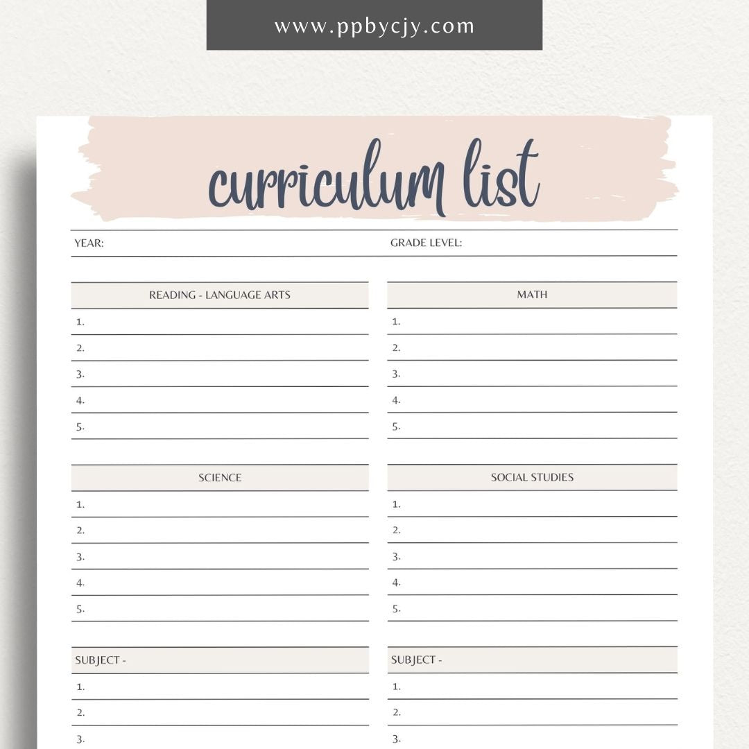 Curriculum List Printable Template – Digital Download for Organizing and Managing Educational Curriculum and Lesson Plans