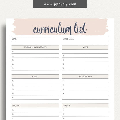 Curriculum List Printable Template – Digital Download for Organizing and Managing Educational Curriculum and Lesson Plans