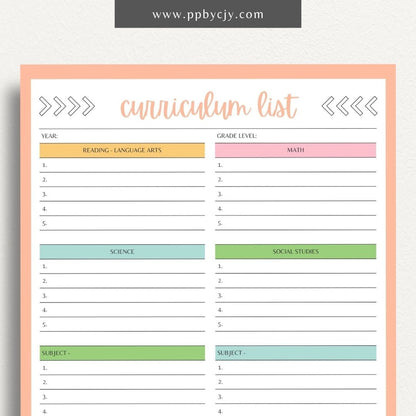 Curriculum List Printable Template – Digital Download for Organizing and Managing Educational Curriculum and Lesson Plans