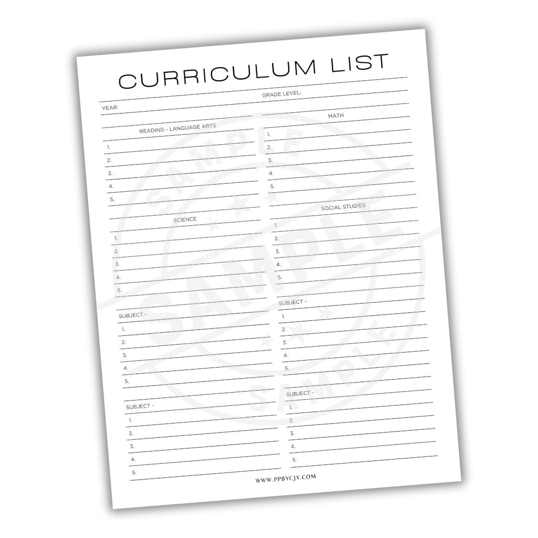 Curriculum list sheet with columns for subjects and grade levels on a white background
