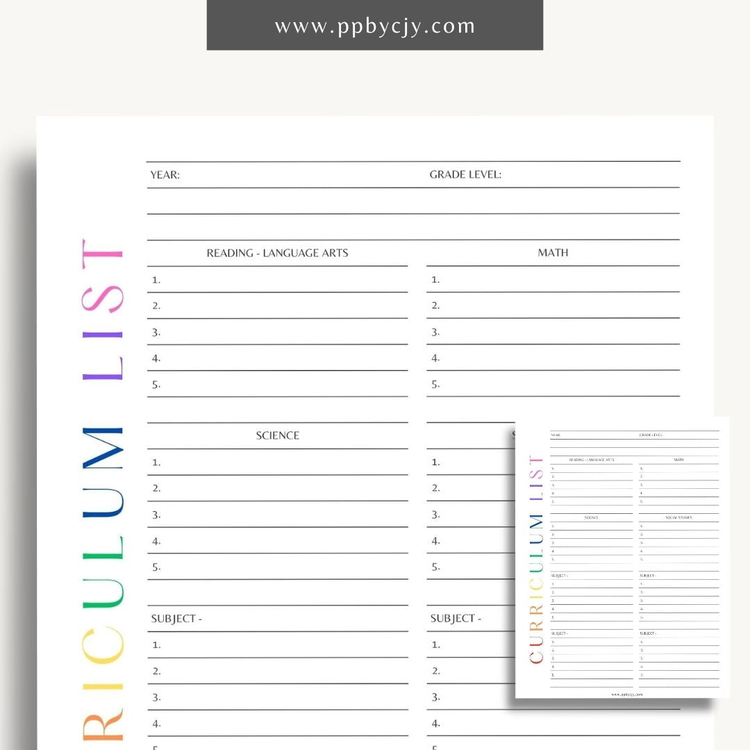 Curriculum List Printable Template – Digital Download for Organizing and Managing Educational Curriculum and Lesson Plans