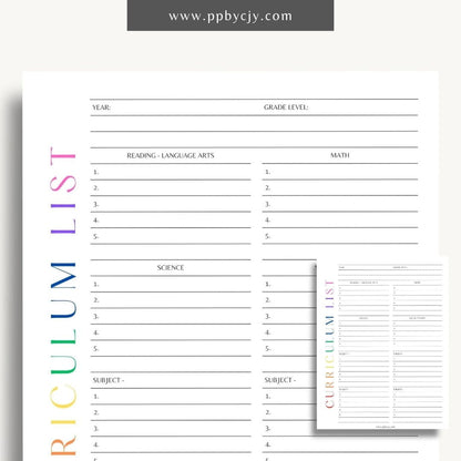 Curriculum List Printable Template – Digital Download for Organizing and Managing Educational Curriculum and Lesson Plans