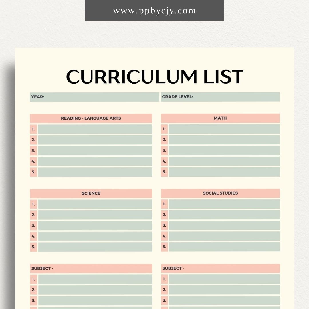 Curriculum List Printable Template – Digital Download for Organizing and Managing Educational Curriculum and Lesson Plans