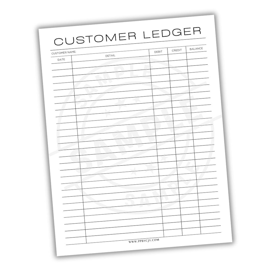 Customer ledger sheet with columns for customer name, detail, debit, credit, and balance on a white background.