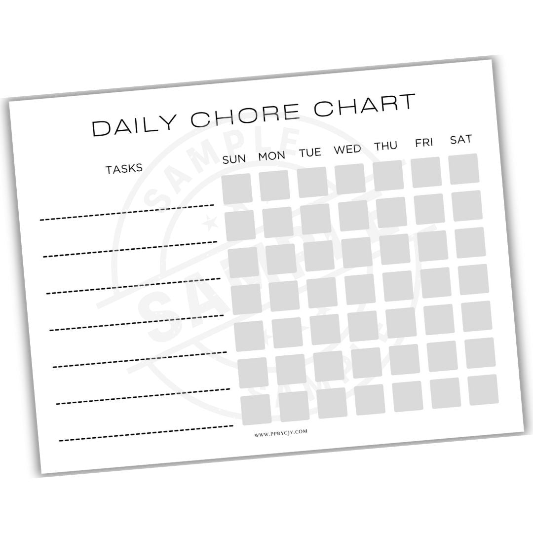 Daily chore chart with days of the week and space for tasks on a white background