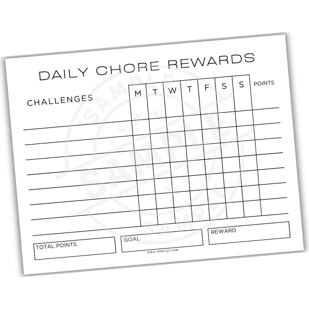 Daily chore rewards chart with days of the week and space for challenges and points.