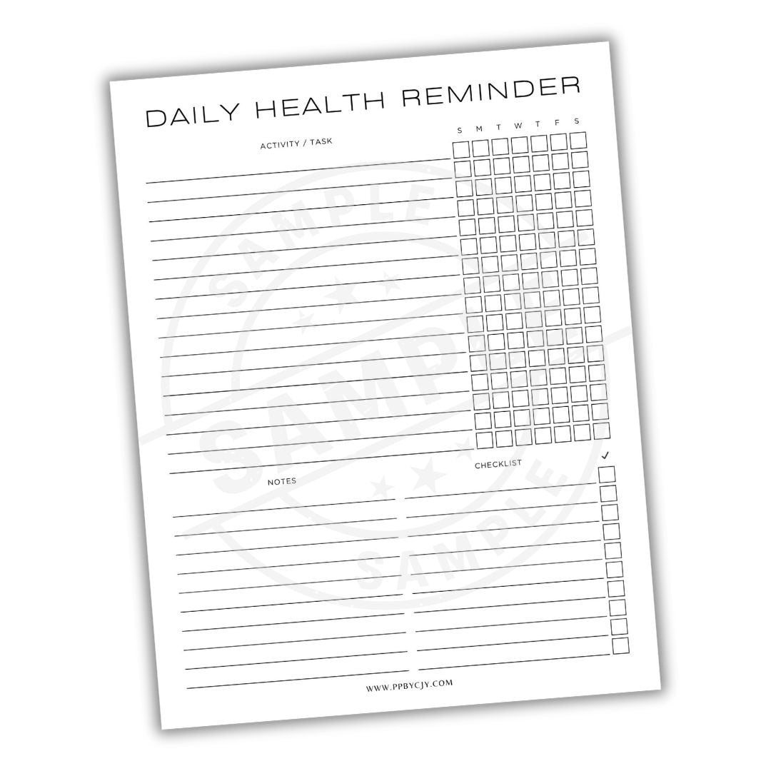 Daily health reminder sheet with checklists and notes on a white background