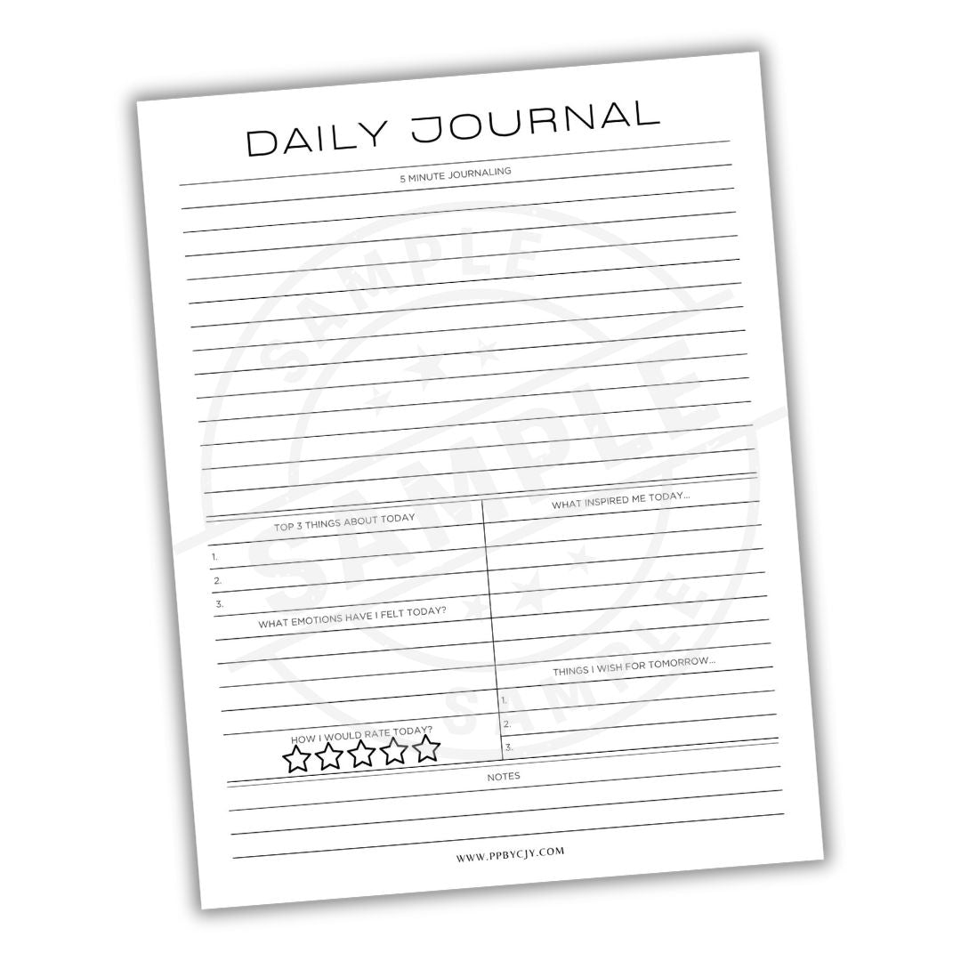 Daily journal sheet with lined pages and text boxes on a white background