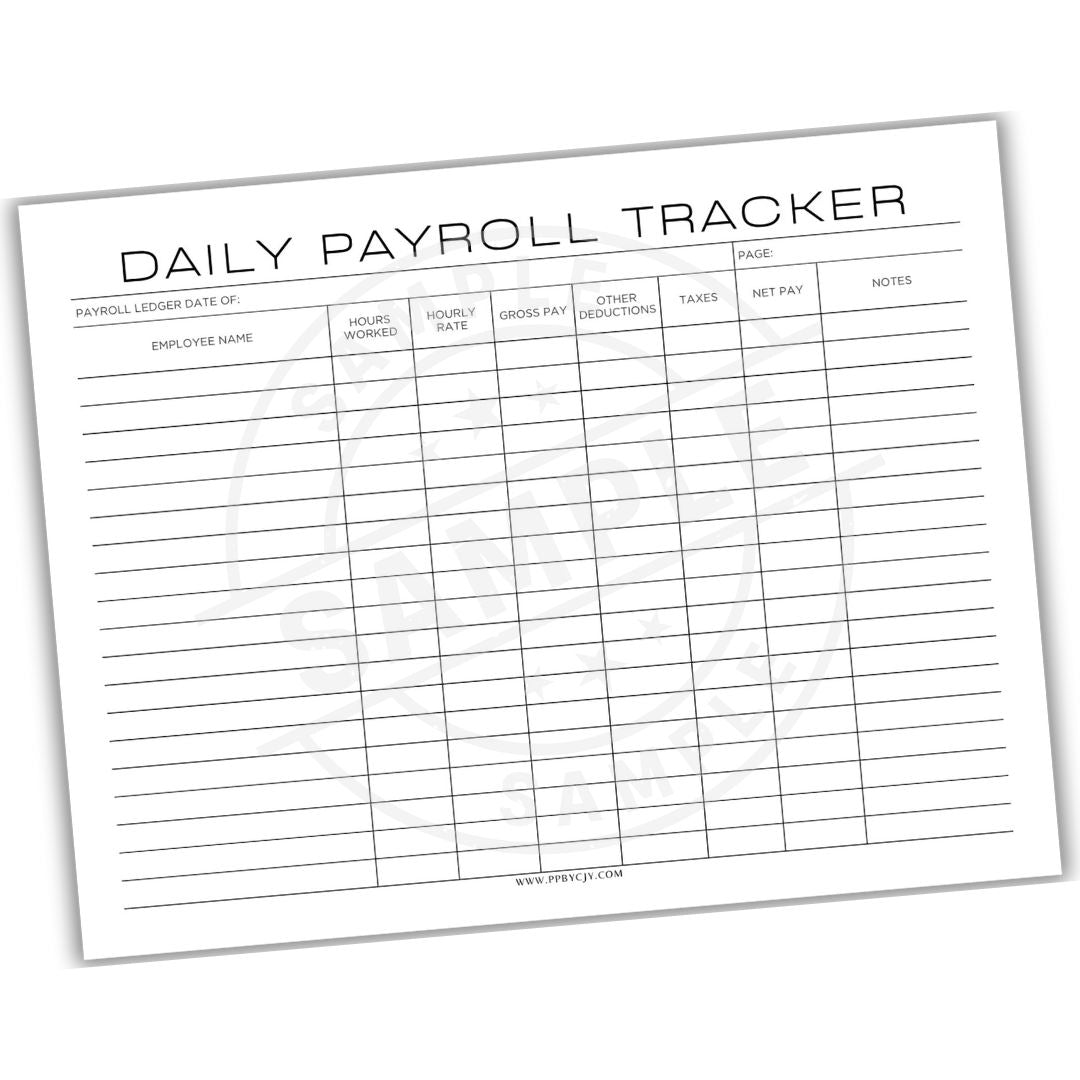 Daily Payroll Tracker sheet with columns for payroll details on a white background