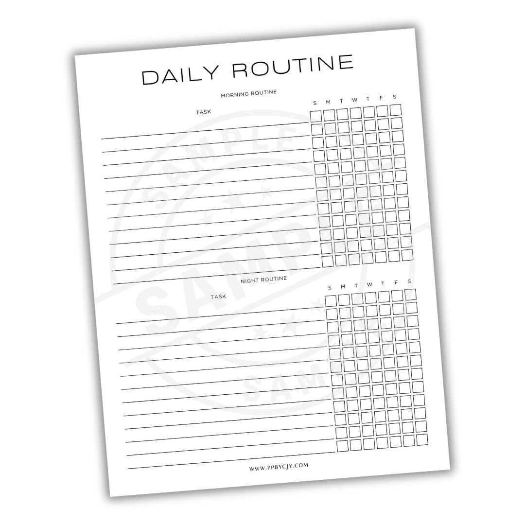 Daily routine planner sheet with task lists and checkboxes on a white background
