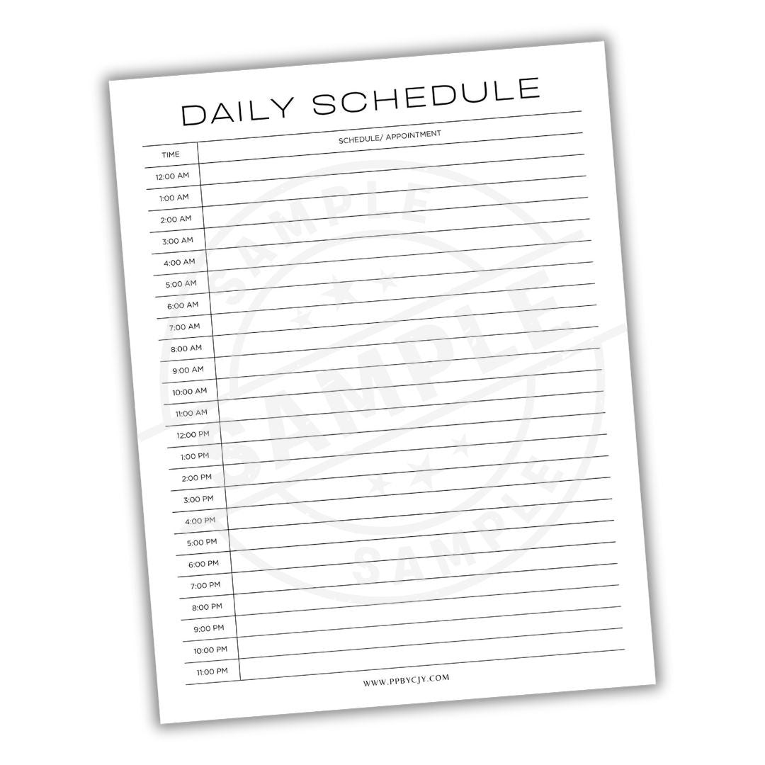 Daily schedule sheet with time slots and a marble background