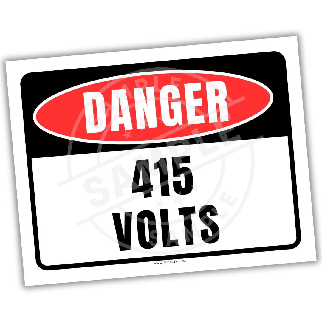 Safety sign warning of 415 volts with a red border and white text.