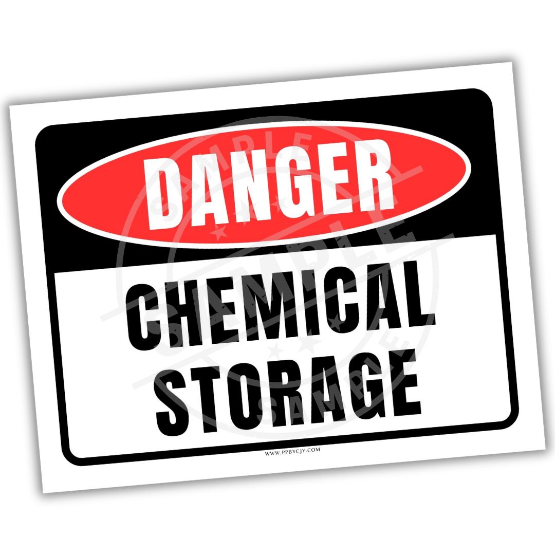 Danger Chemical Storage sign with red border and white text on a white background