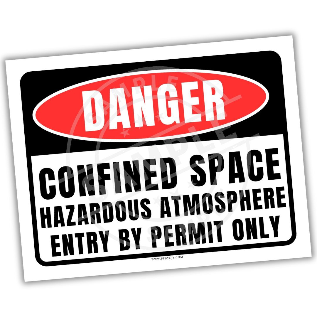 Warning sign about confined space with hazardous atmosphere entry by permit only on a white background