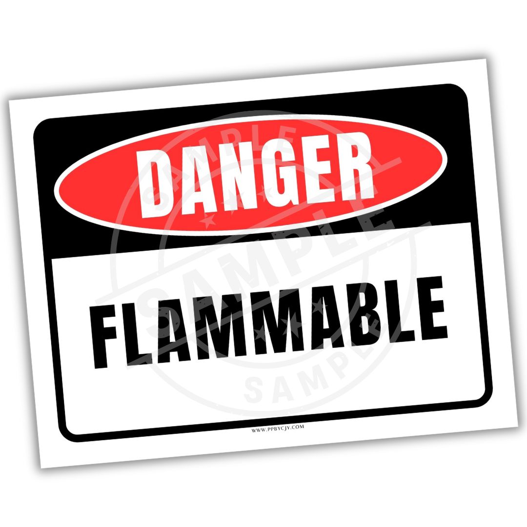 Danger Flammable sign with red border and white text on a white background