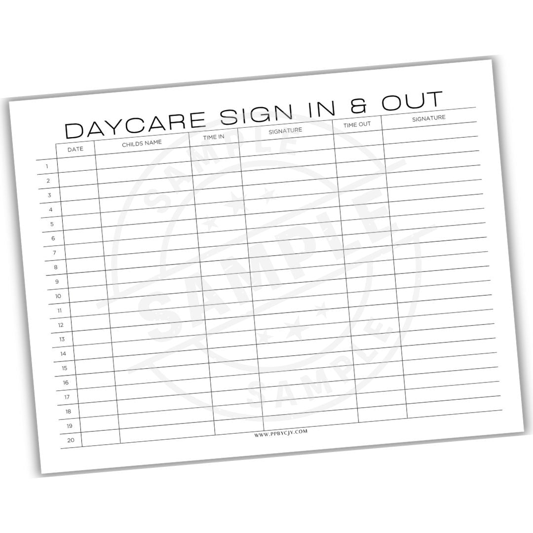 Daycare sign in and out sheet on a white background