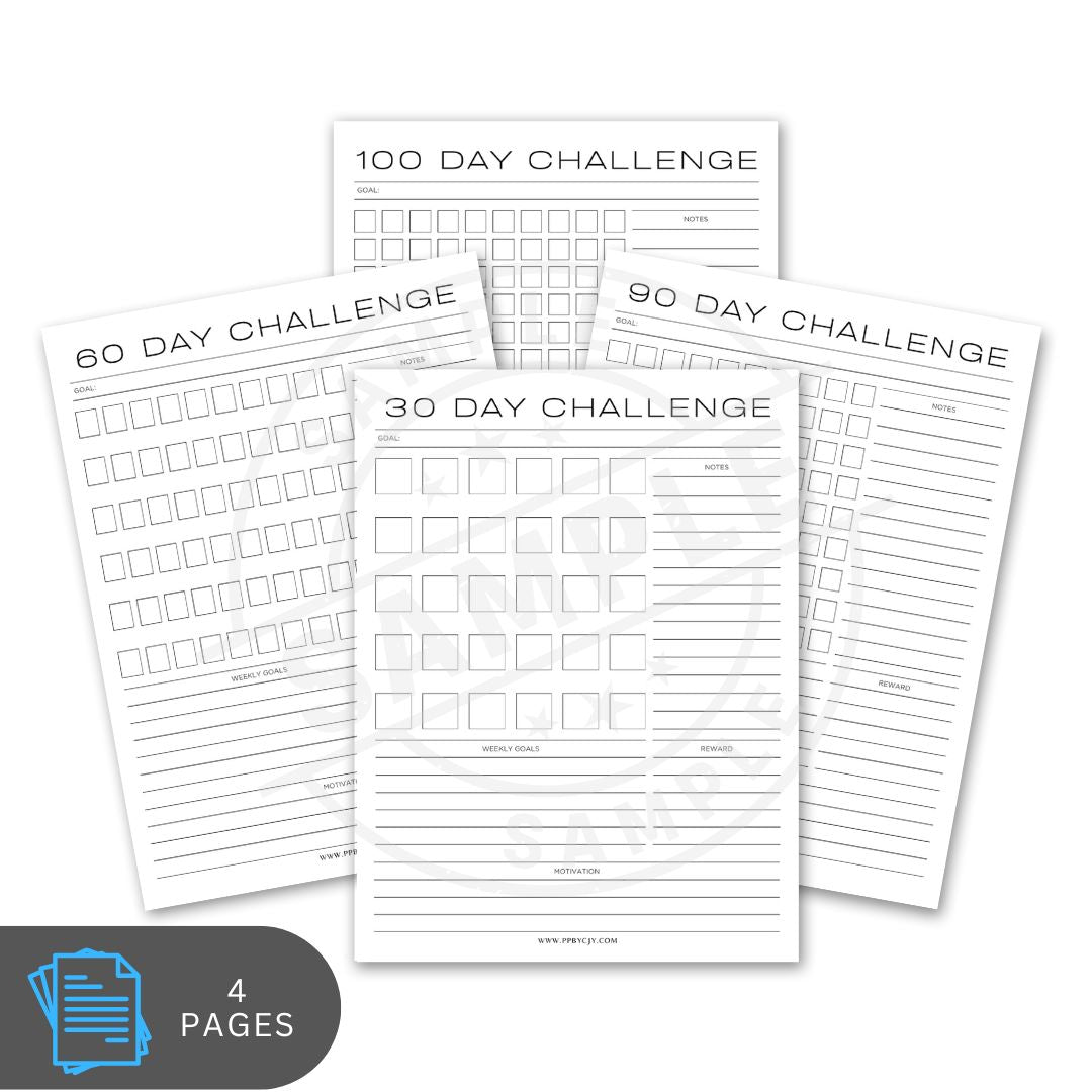 Four challenge tracking sheets for 60, 90, and 30 days on a white background.