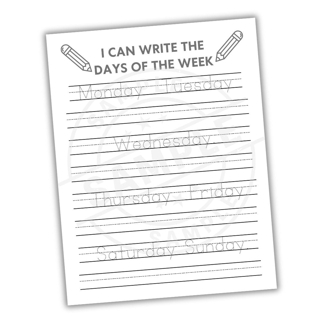 Worksheet for writing the days of the week with lines and pencil icons.