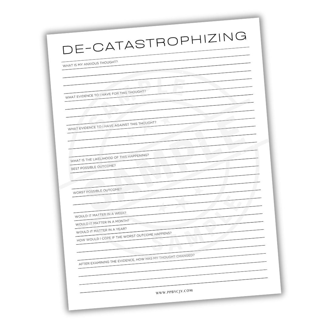 Sheet of paper with 'De-Catastrophizing' worksheet on a white background