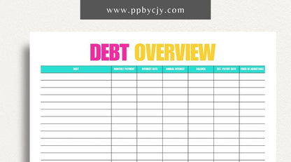 printable template page with columns and rows related to debt finance overview tracking