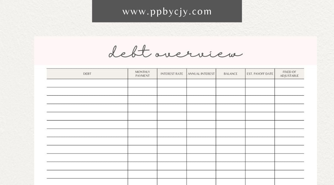 printable template page with columns and rows related to debt finance overview tracking