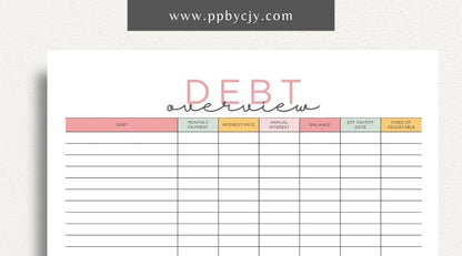 printable template page with columns and rows related to debt finance overview tracking