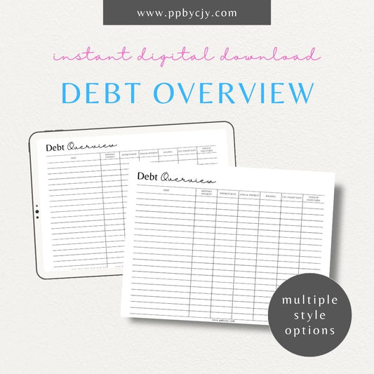 Debt Overview Finance Tracker Printable Template – Digital Download for Managing and Tracking Debt and Financial Obligations