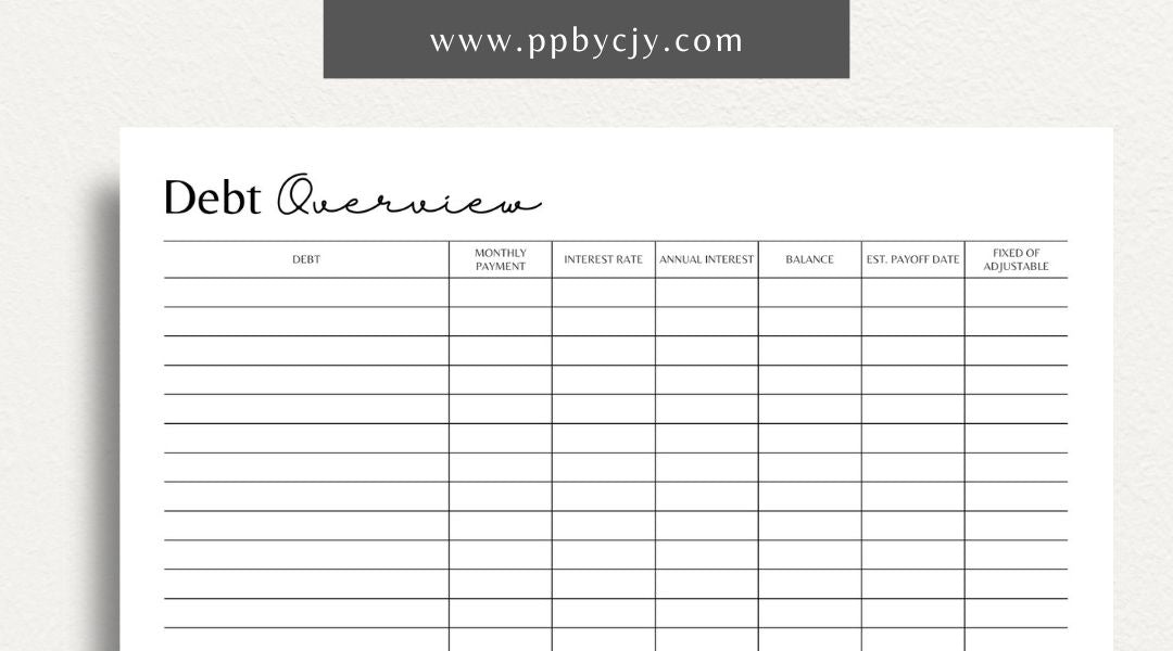 printable template page with columns and rows related to debt finance overview tracking