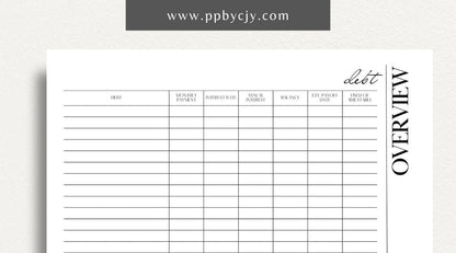 printable template page with columns and rows related to debt finance overview tracking