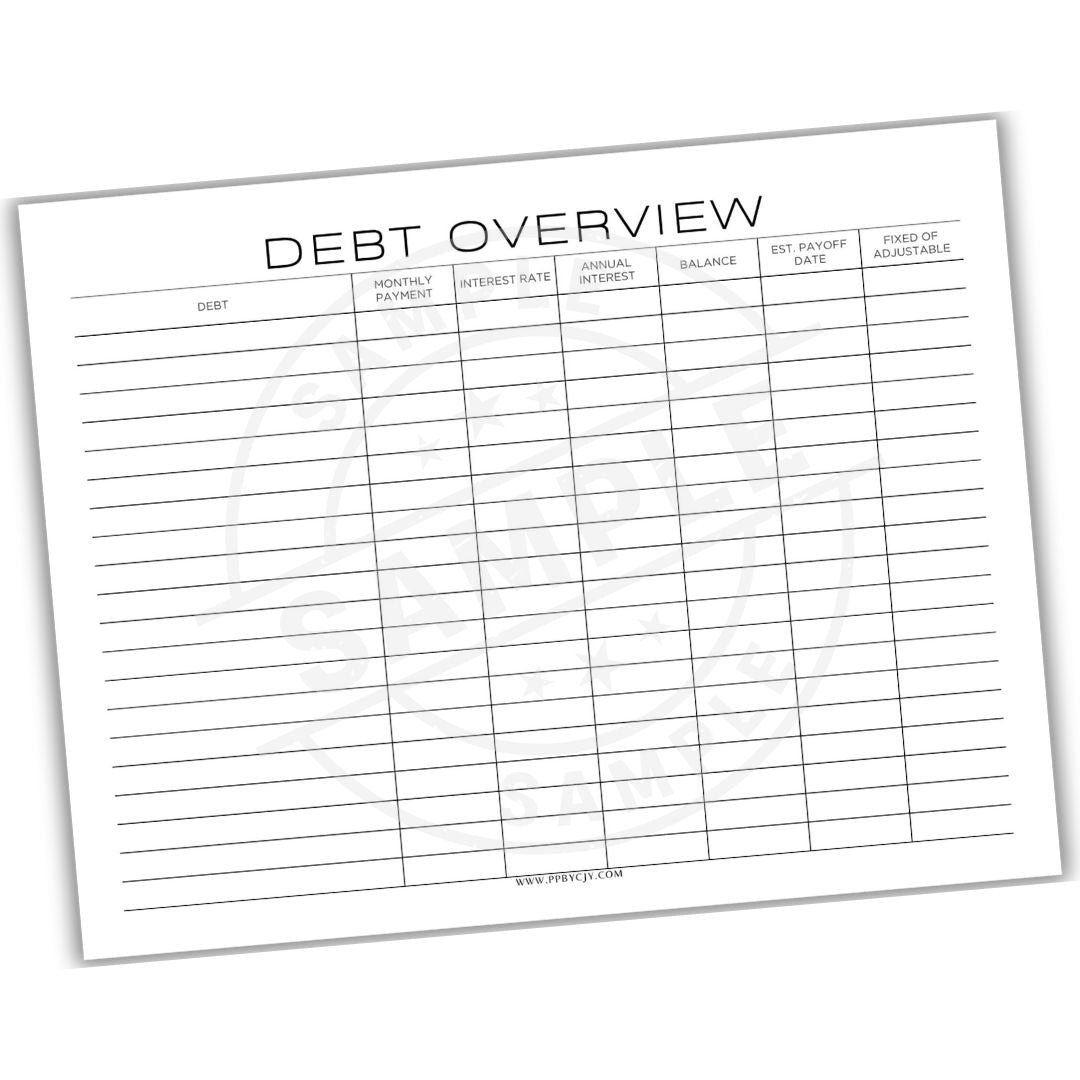 Debt overview sheet with columns for debt, monthly payment, interest rate, annual interest, balance, estimated payoff date, and fixed or adjustable.