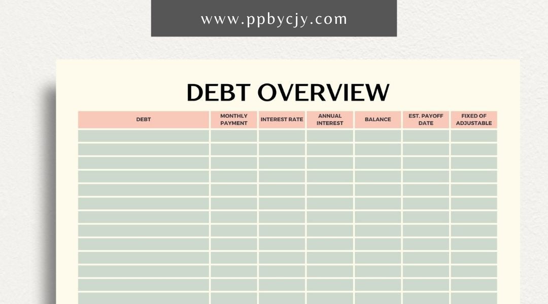 printable template page with columns and rows related to debt finance overview tracking