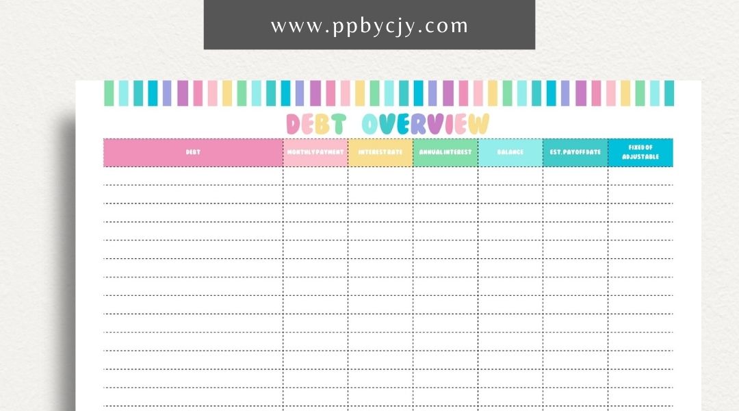 printable template page with columns and rows related to debt finance overview tracking