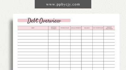 printable template page with columns and rows related to debt finance overview tracking