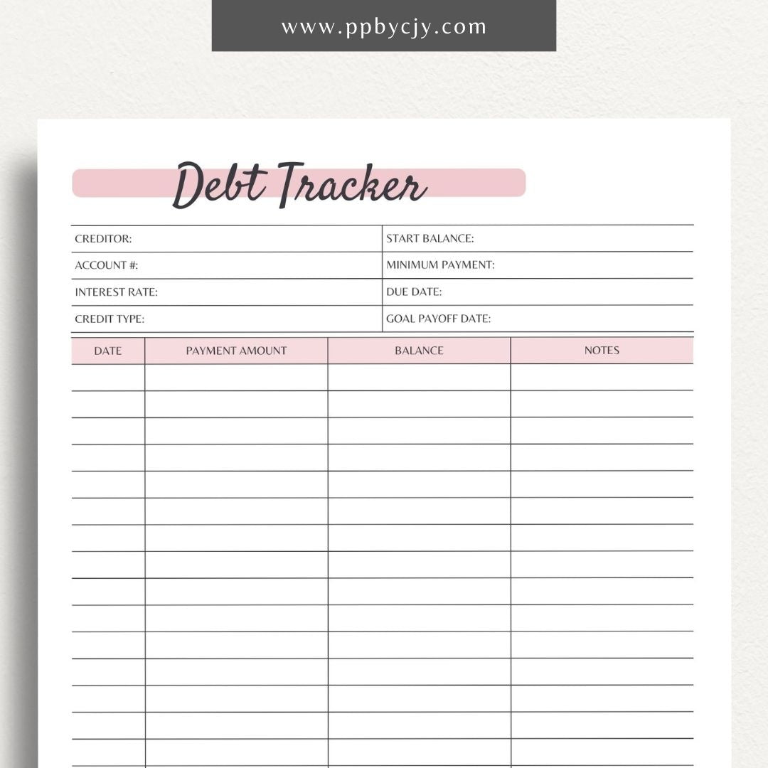 Debt Payoff Finance Tracker Printable PDF Template