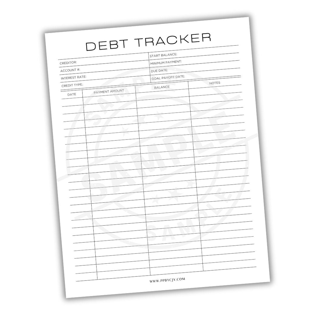 Debt tracker sheet with columns for credit or loan details on a white background