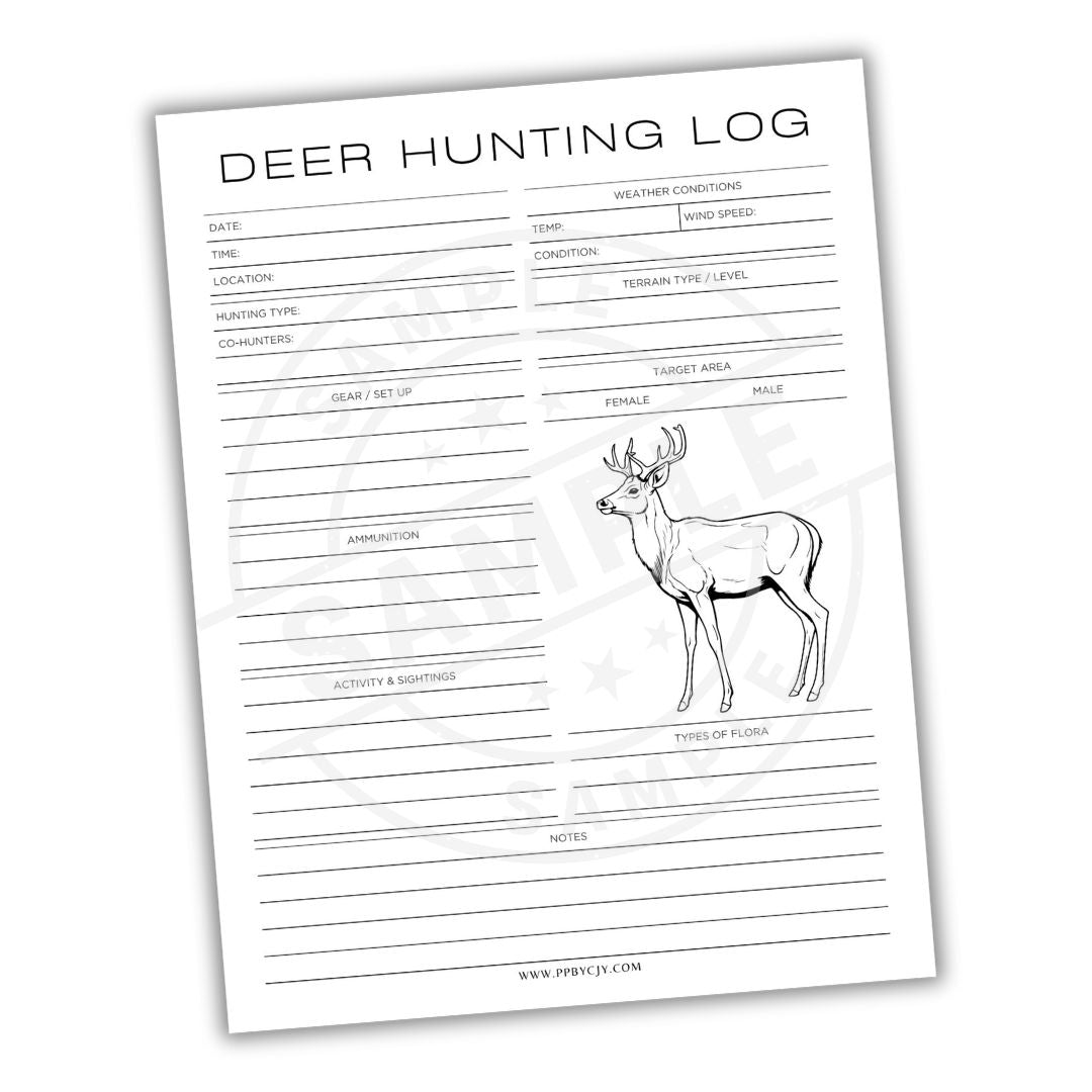 Deer hunting log sheet with a deer illustration on a white background
