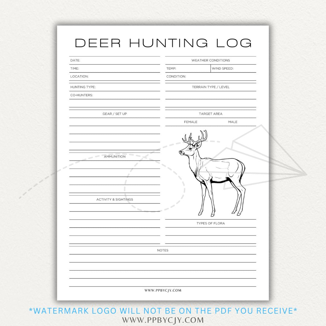 Deer Hunting Log Printable PDF Template with sections for date, location, weather, moon phase, deer sightings, and hunting notes.

