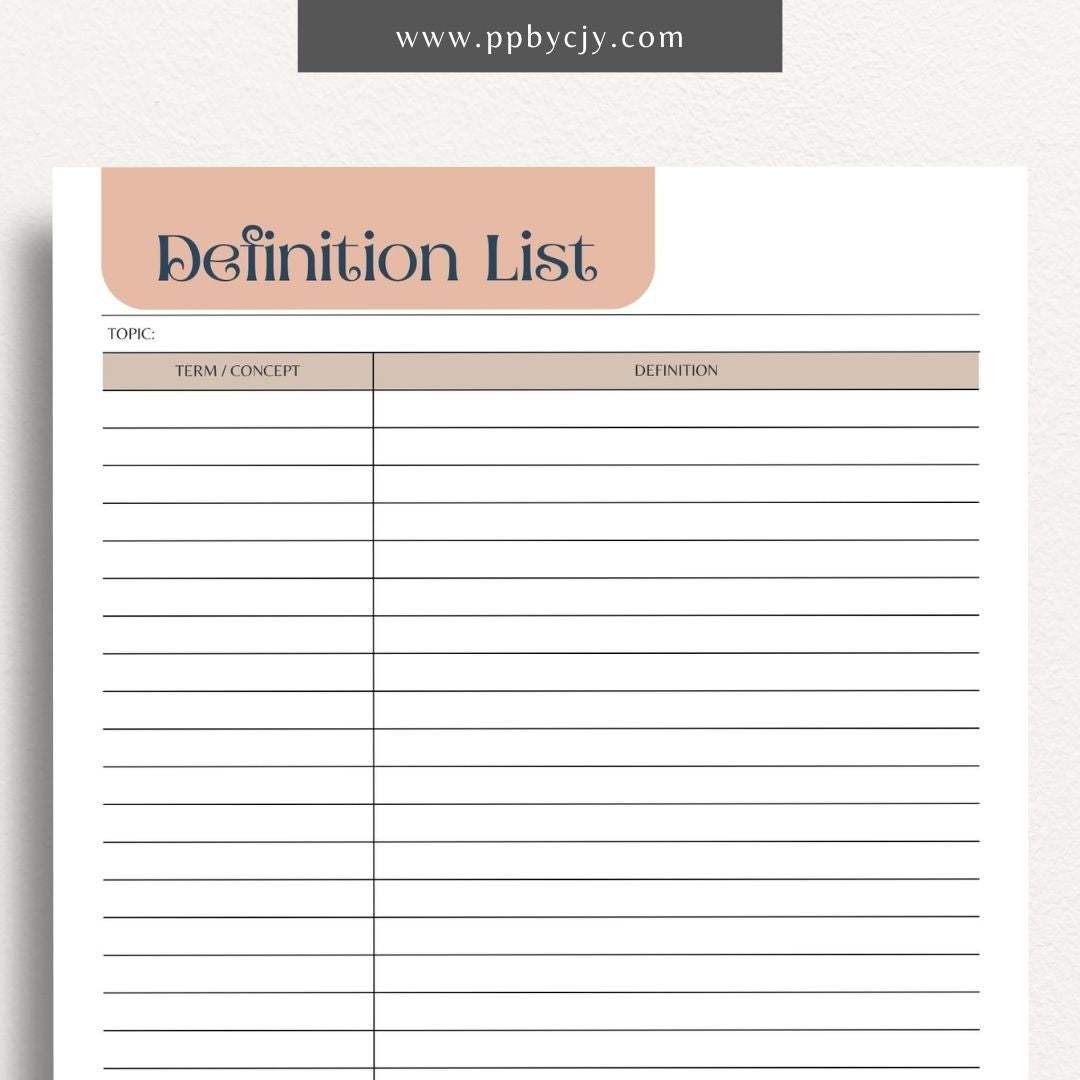 Definition Spelling List Printable Template – Digital Download for Organizing and Learning Spelling Words with Definitions