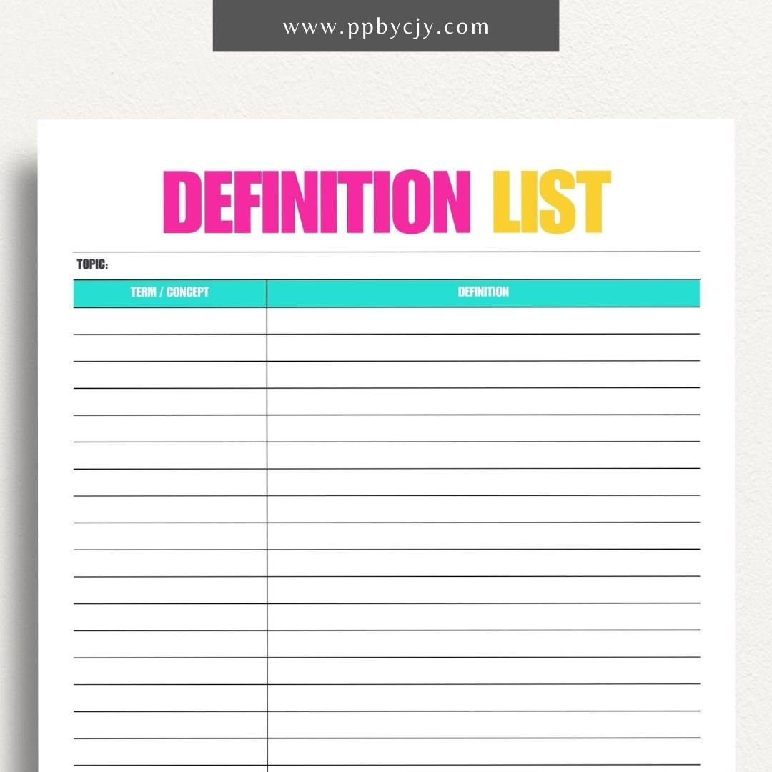 Definition Spelling List Printable Template – Digital Download for Organizing and Learning Spelling Words with Definitions