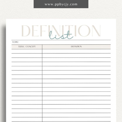 Definition Spelling List Printable Template – Digital Download for Organizing and Learning Spelling Words with Definitions