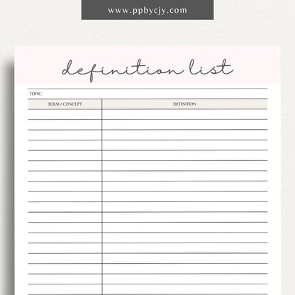 Definition Spelling List Printable Template – Digital Download for Organizing and Learning Spelling Words with Definitions