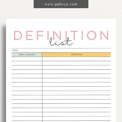 Definition Spelling List Printable Template – Digital Download for Organizing and Learning Spelling Words with Definitions