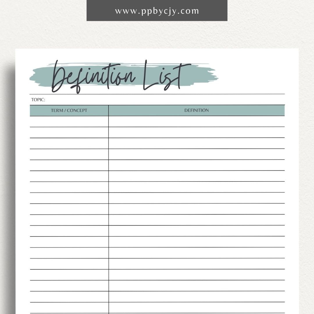 Definition Spelling List Printable Template – Digital Download for Organizing and Learning Spelling Words with Definitions