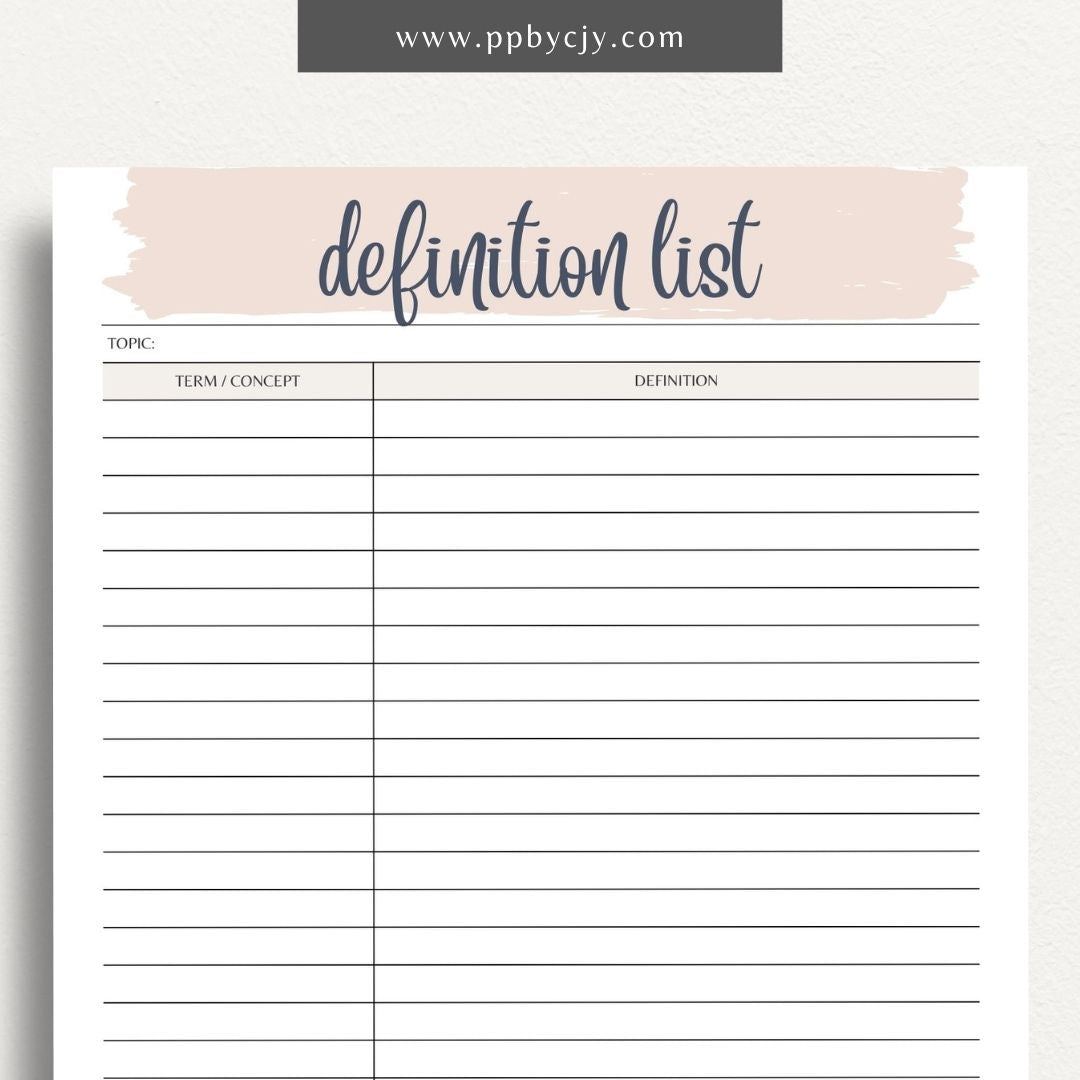 Definition Spelling List Printable Template – Digital Download for Organizing and Learning Spelling Words with Definitions