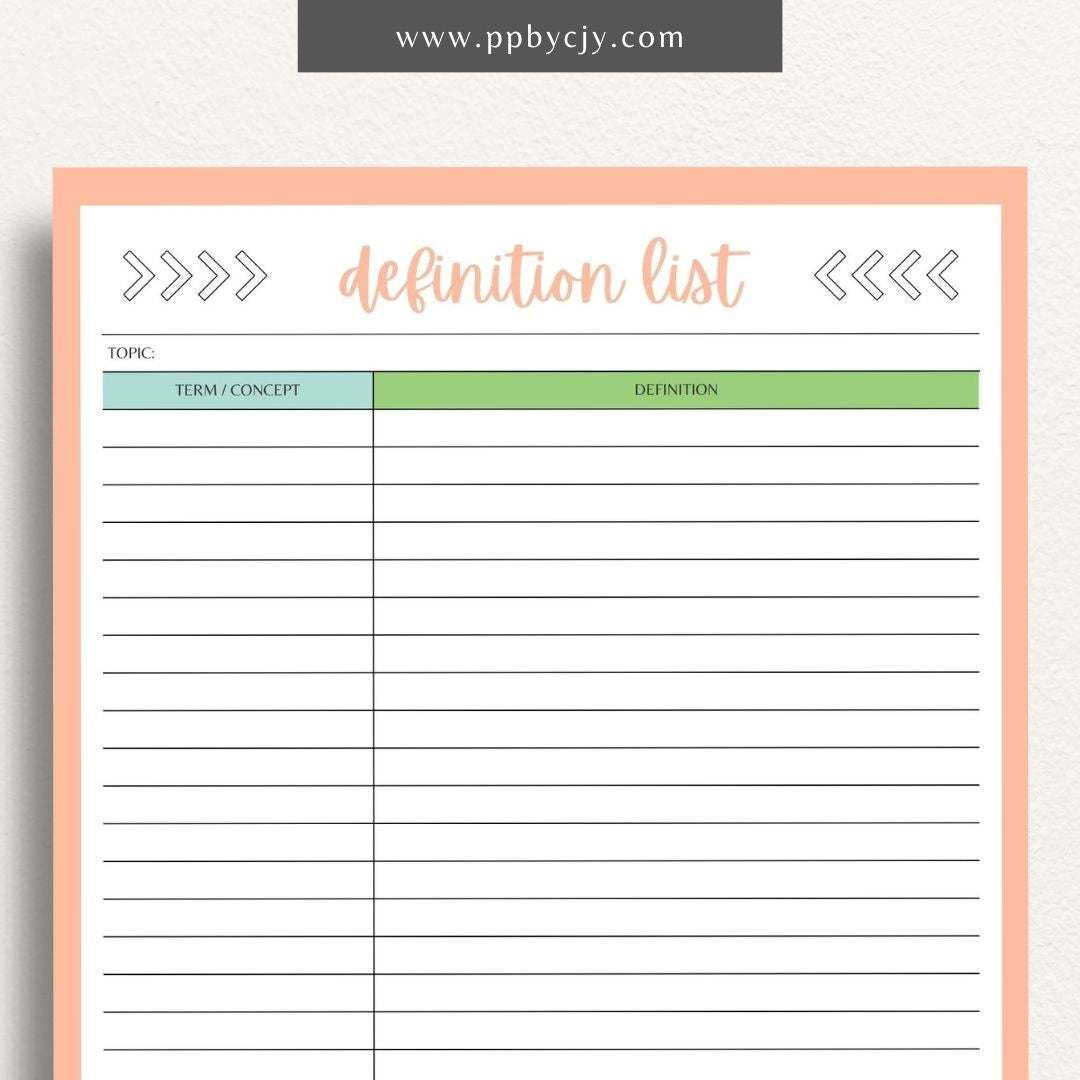 Definition Spelling List Printable Template – Digital Download for Organizing and Learning Spelling Words with Definitions