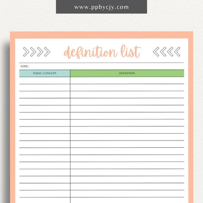 Definition Spelling List Printable Template – Digital Download for Organizing and Learning Spelling Words with Definitions