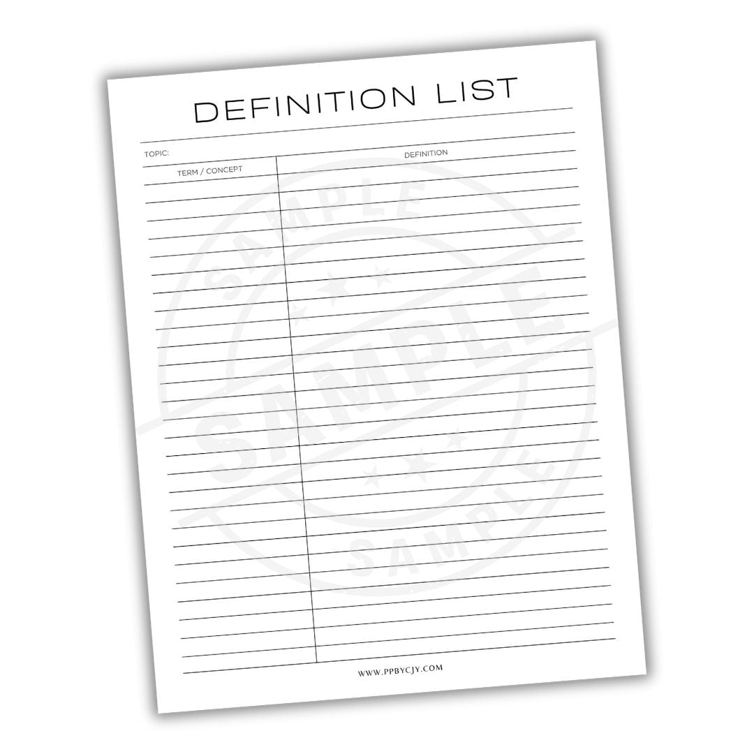 Definition list template with columns for topic, term/concept, and definition on a white background.