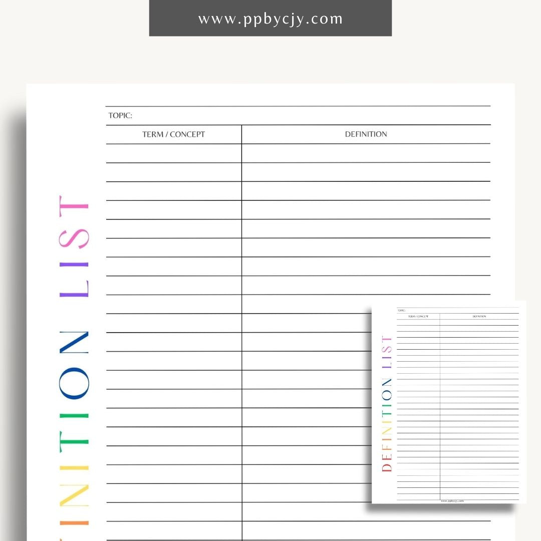 Definition Spelling List Printable Template – Digital Download for Organizing and Learning Spelling Words with Definitions