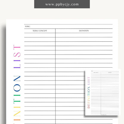 Definition Spelling List Printable Template – Digital Download for Organizing and Learning Spelling Words with Definitions