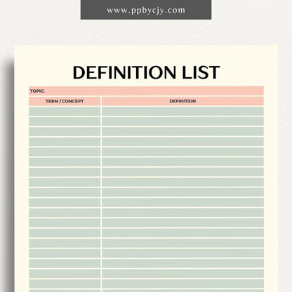 Definition Spelling List Printable Template – Digital Download for Organizing and Learning Spelling Words with Definitions